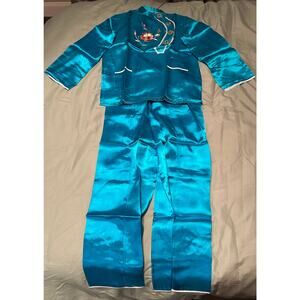 vintage Women’s Silk Kimono Shirt Pants Teal size Medium with flowers NEW